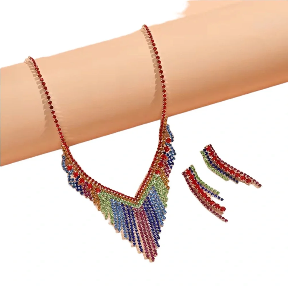 Colorful Rhinestone Earrings and Necklace Matching Set